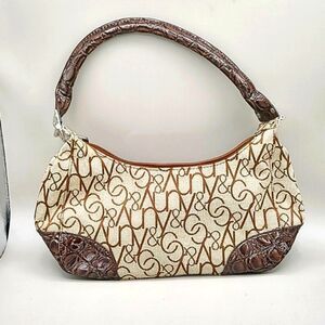 New York & Company Tan & Brown Canvas Handbag with Embossed Patent Trim